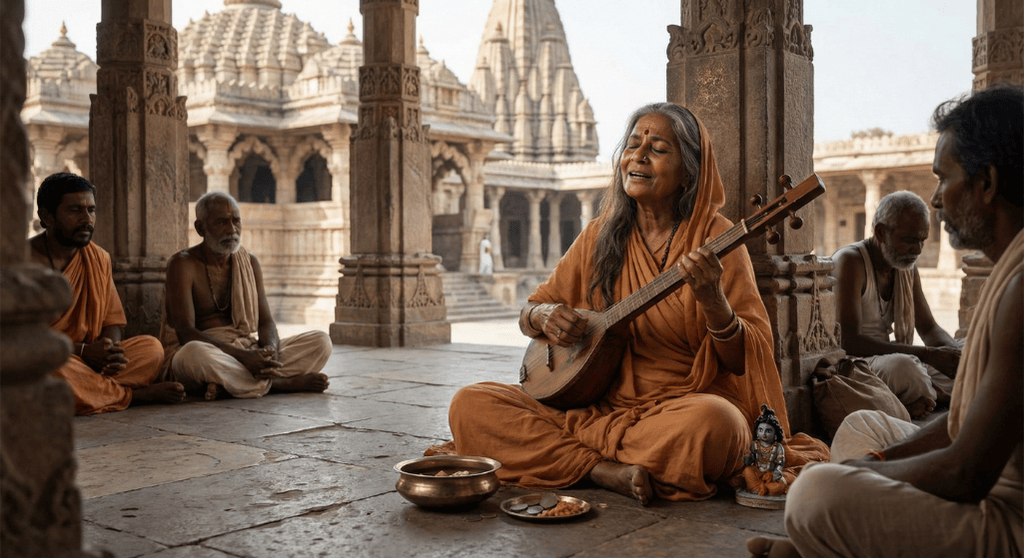 Old Mirabai with ektara in dwarka.webp